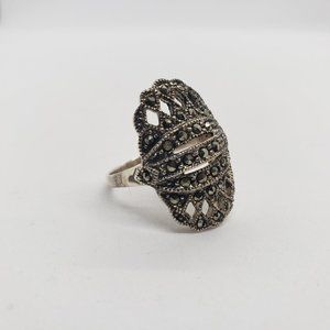 Vintage .925 Sterling Silver & Marcasite Swiss Pave Ring, Size 7